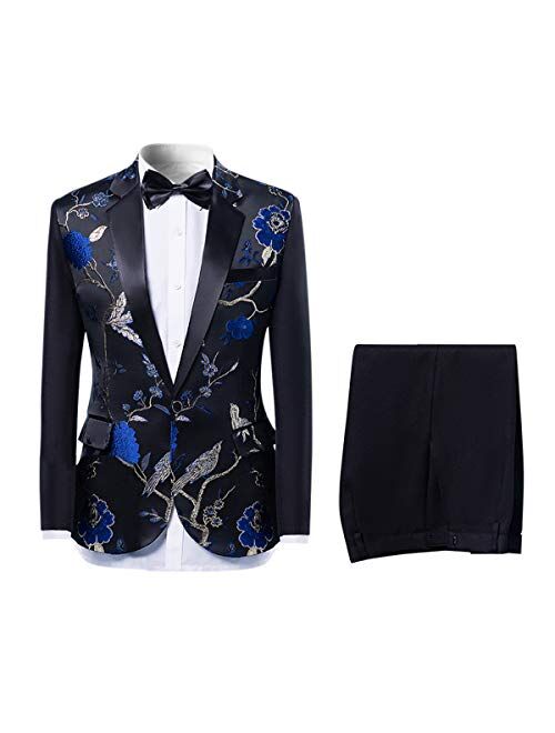 Mens 2-Piece Suits One Button Floral Blazer Dinner Jacket and Pants