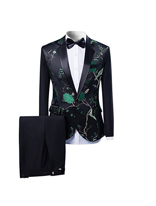 Mens 2-Piece Suits One Button Floral Blazer Dinner Jacket and Pants