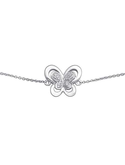 Jewelili Sterling Silver Natural White Round Diamond Accent Butterfly Bracelet, 7.25"