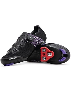 Tommaso Pista Aria Elite Knit Quick Lace Women's Indoor Cycling Ready Cycling Shoe and Bundle with Compatible Cleat, Look Delta, SPD - Black, Purple