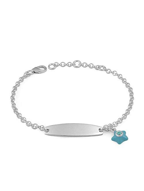 Sterling Silver Simulated Birthstone enamel Star Charm ID Bracelet For Girls