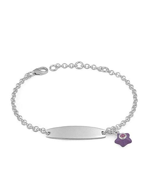 Sterling Silver Simulated Birthstone enamel Star Charm ID Bracelet For Girls