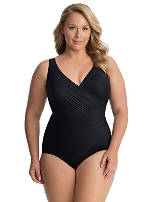 Miraclesuit Women's Swimwear Plus Size Solids Oceanus Tummy Control V-Neckline Soft Cup One Piece Swimsuit