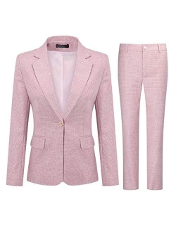 Women's 2 Piece Plaid Office Suit Set One Button Blazer Jacket and Suit Pants