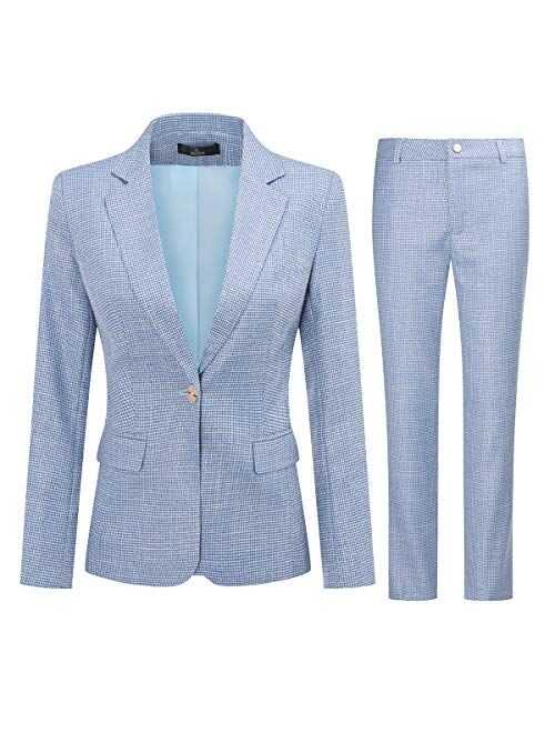 Women's 2 Piece Plaid Office Suit Set One Button Blazer Jacket and Suit Pants