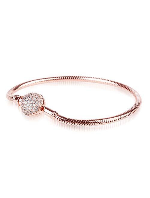 GNOCE Charm Bracelet Sterling Silver Rose Gold Plated DIY Snake Chain Endearing Gifts for Her Basic Charm Bracelet Dainty Bangle with Crystal Round Shape Clasp