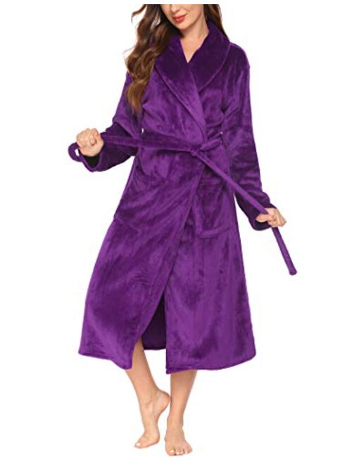 Ekouaer Fleece Robe Women Thick Bathrobe Plush Shower Robes Soft Lounge Robe Classic Winter Robe Warm Sleepwear