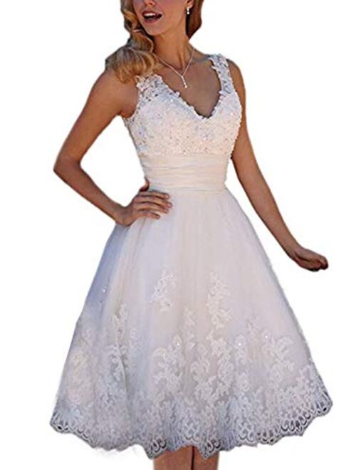 Short Lace Wedding Dresses Knee Length Travel Tulle Rhinestones V-Neck Lace Up Bride Gowns Vintage Dress