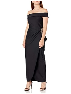 Women's Slimming Long Side Ruched Dress with Cascade Ruffle Skirt