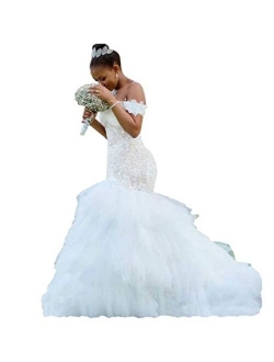 QueenBridal Off Shoulder Beaded Spaghetti Starps Mermaid Wedding Dresses for Bride QBL080