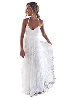 Women's Boho Lace Wedding Dress Backless Long Slit Prom Evening Gown with Train