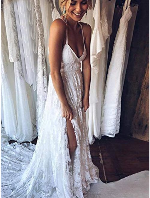 Women's Boho Lace Wedding Dress Backless Long Slit Prom Evening Gown with Train