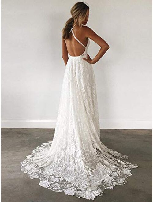 Women's Boho Lace Wedding Dress Backless Long Slit Prom Evening Gown with Train