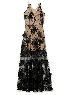 Dress the Population Women's Embellished Plunging Gown Sleeveless Floral Long Dress