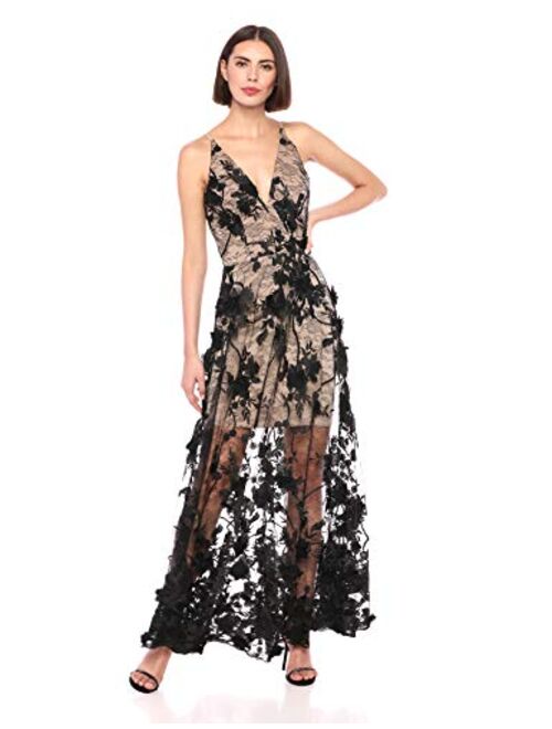 Dress the Population Women's Embellished Plunging Gown Sleeveless Floral Long Dress