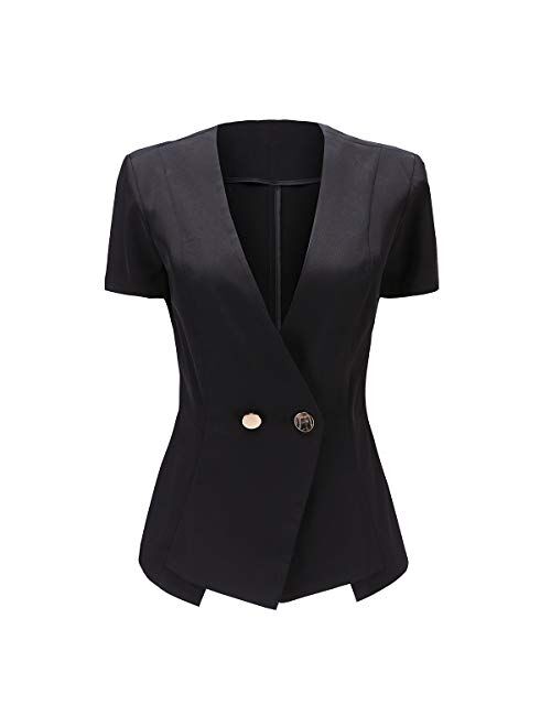 Women's Short Sleeve One Button Blazer Jacket and Dress Pants 2 Piece Suit Set