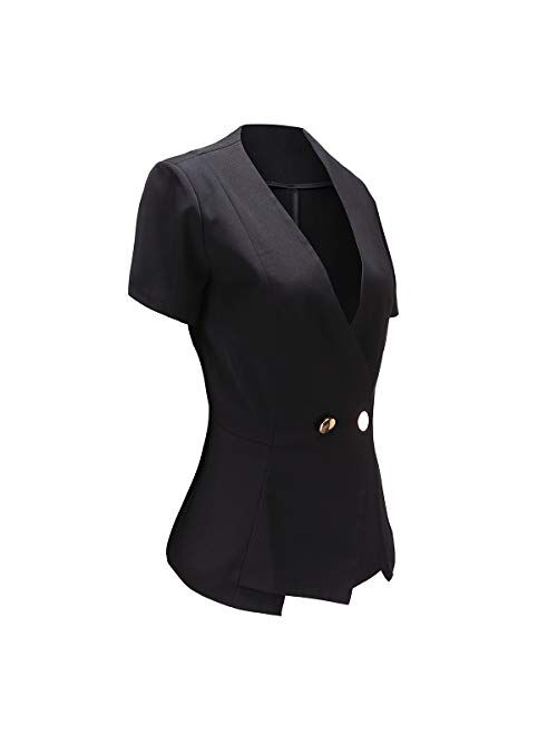 Women's Short Sleeve One Button Blazer Jacket and Dress Pants 2 Piece Suit Set