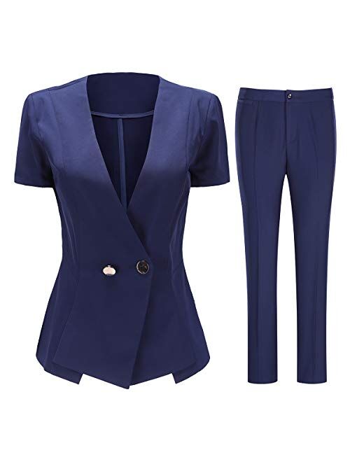 Women's Short Sleeve One Button Blazer Jacket and Dress Pants 2 Piece Suit Set