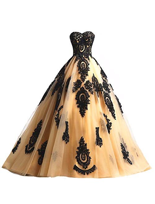 Kivary Long Ball Gown Black Lace Gothic Corset Formal Prom Evening Dresses