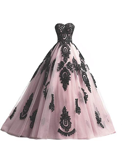 Kivary Long Ball Gown Black Lace Gothic Corset Formal Prom Evening Dresses