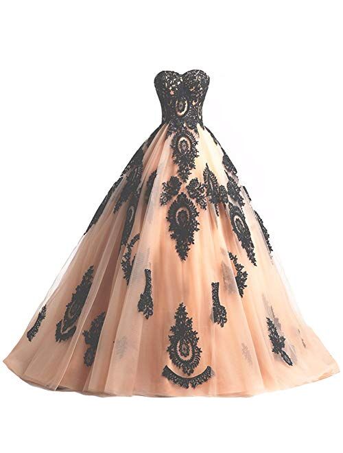 Kivary Long Ball Gown Black Lace Gothic Corset Formal Prom Evening Dresses