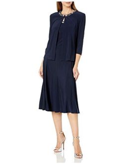 Women's 2 Piece Tea Length Jacket Dress with Sequin Beaded Trim