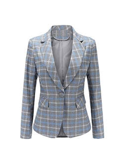 Women's Single Breasted One Button Plaid Suit Jacket Office Blazer Jacket