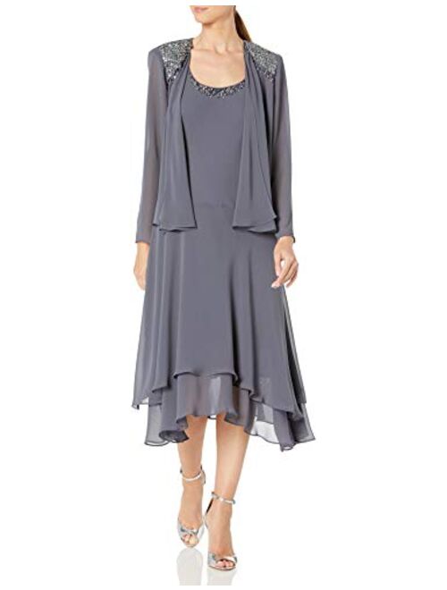 S.L. Fashions Women's Petite Embellished Chiffon Tiered Jacket Dress