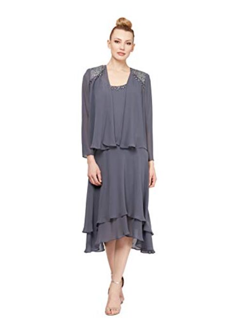 S.L. Fashions Women's Petite Embellished Chiffon Tiered Jacket Dress