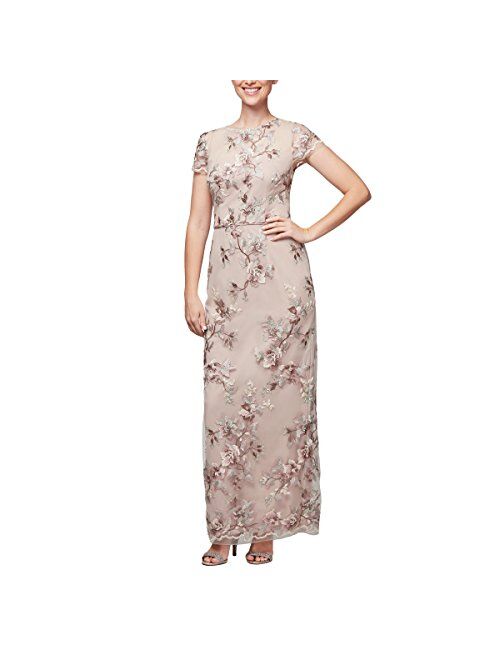 Alex Evenings Women's Long Cap Sleeve Embroidered Dress with Back Slit