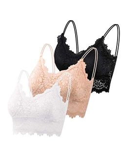 PAXCOO 3 Pcs Lace Bralette for Women, Lace Bralette Padded Lace Bandeau Bra with Straps for Women Girls