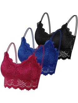 PAXCOO 3 Pcs Lace Bralette for Women, Lace Bralette Padded Lace Bandeau Bra with Straps for Women Girls