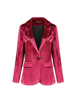 CNBPLS Women 1 Button Velvet Blazer Coat, Casual Long Sleeve Blazers,Slim Fit Lapel Office Jacket Suit