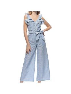 YOJOLO Womens Jumpsuit,Sexy V Neck White Jumpsuit with Belt Backless Loose Jumpsuits Rompers,White,S