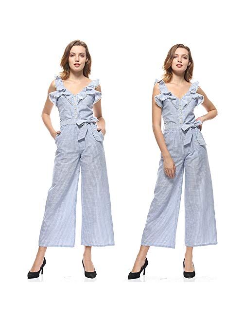 YOJOLO Womens Jumpsuit,Sexy V Neck White Jumpsuit with Belt Backless Loose Jumpsuits Rompers,White,S