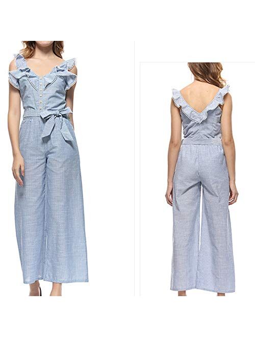 YOJOLO Womens Jumpsuit,Sexy V Neck White Jumpsuit with Belt Backless Loose Jumpsuits Rompers,White,S