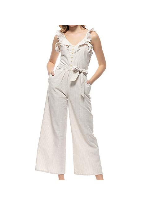 YOJOLO Womens Jumpsuit,Sexy V Neck White Jumpsuit with Belt Backless Loose Jumpsuits Rompers,White,S