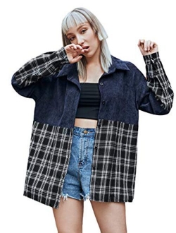 Women's Casual Long Sleeve Button Down Plaid Blouse Boyfriend Overshirt