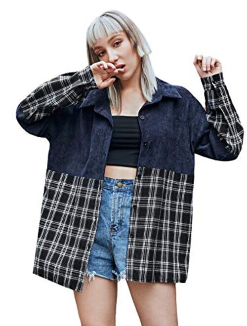 SweatyRocks Women's Casual Long Sleeve Button Down Plaid Blouse Boyfriend Overshirt