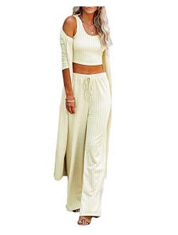 Womens Pajamas Set Spring 3 Piece Loungewear Set Crop Vest Top Loose Pants and Cardigan Knitwear Jumpsuit Warm