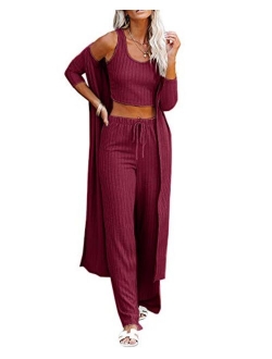 Womens Pajamas Set Spring 3 Piece Loungewear Set Crop Vest Top Loose Pants and Cardigan Knitwear Jumpsuit Warm