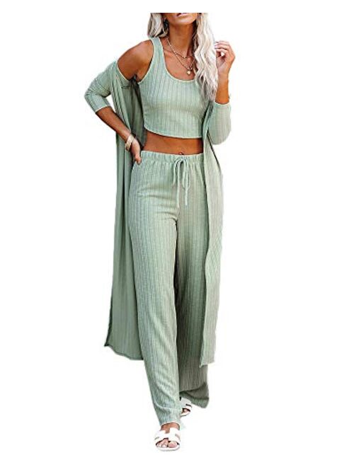 Womens Pajamas Set Spring 3 Piece Loungewear Set Crop Vest Top Loose Pants and Cardigan Knitwear Jumpsuit Warm