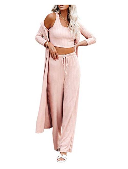 Womens Pajamas Set Spring 3 Piece Loungewear Set Crop Vest Top Loose Pants and Cardigan Knitwear Jumpsuit Warm