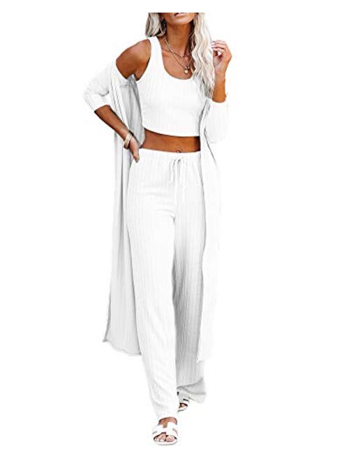 Womens Pajamas Set Spring 3 Piece Loungewear Set Crop Vest Top Loose Pants and Cardigan Knitwear Jumpsuit Warm