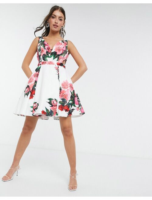 Jovani plunge mini skater dress in floral