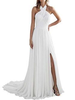 Uther Women's Beach Wedding Grecian Neck A-Line Long Chiffon Bridal Gown