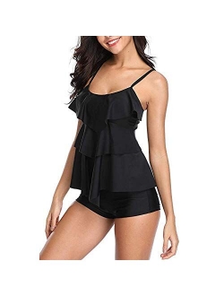 Women Two Piece Swimsuits Tankini Bathing Suits Layered Ruffle Flounce Top with Boyshorts Beach Swimming Bikini Set