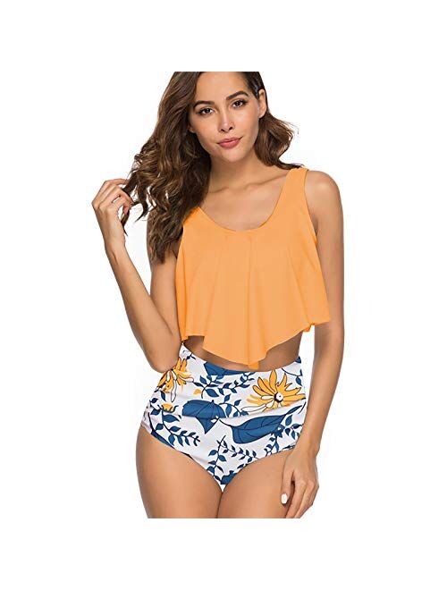 Swimsuits for Women Two Piece Bathing Suits Ruffled Flounce Top with High Waisted Bottom Bikini Set