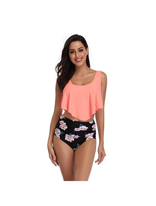 Swimsuits for Women Two Piece Bathing Suits Ruffled Flounce Top with High Waisted Bottom Bikini Set