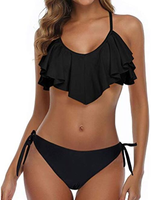 Flounce Bikini Side Tie Bottom Padded Ruffled Top Two Piece Swimsuit for Women Cross Back Bathing Suit Black